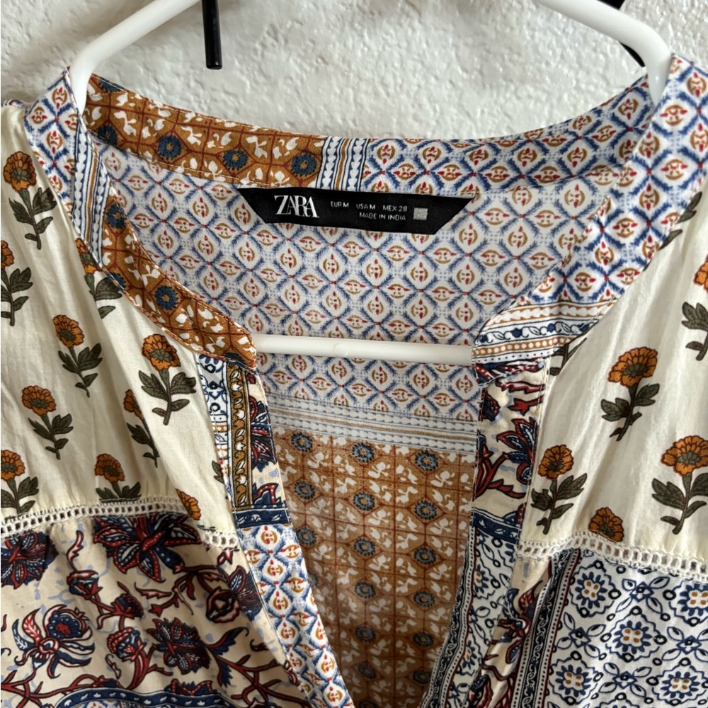 Zara Patchwork Mini Dress in Cream, Brown and Blue - Picture 3 of 5